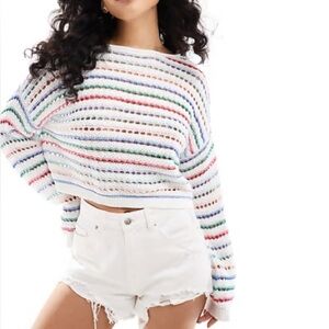 Hollister Colorful Striped Long Sleeve Crochet Open Knit Sweater Womens S